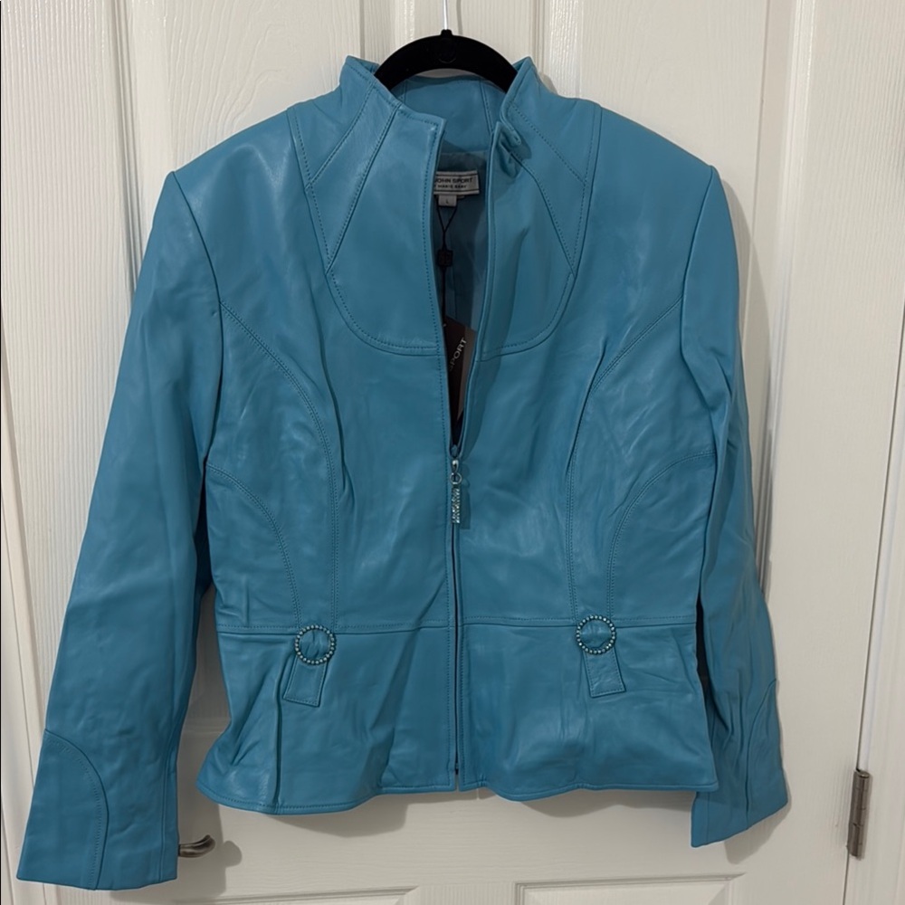 Elegant Sky Blue Leather Jacket